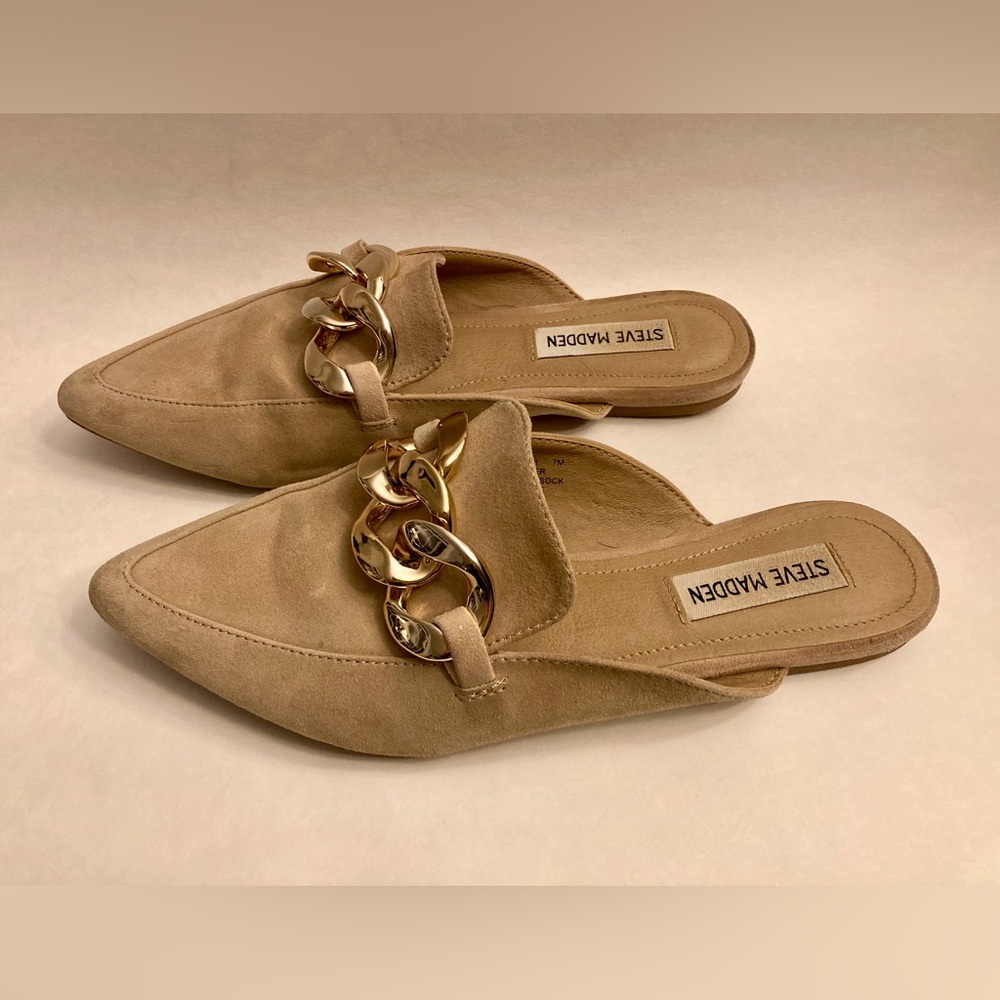 Steve Madden Fall Camel Suede Mule Chunky Chain Accent Casual Career 7 - Picture 3 of 12